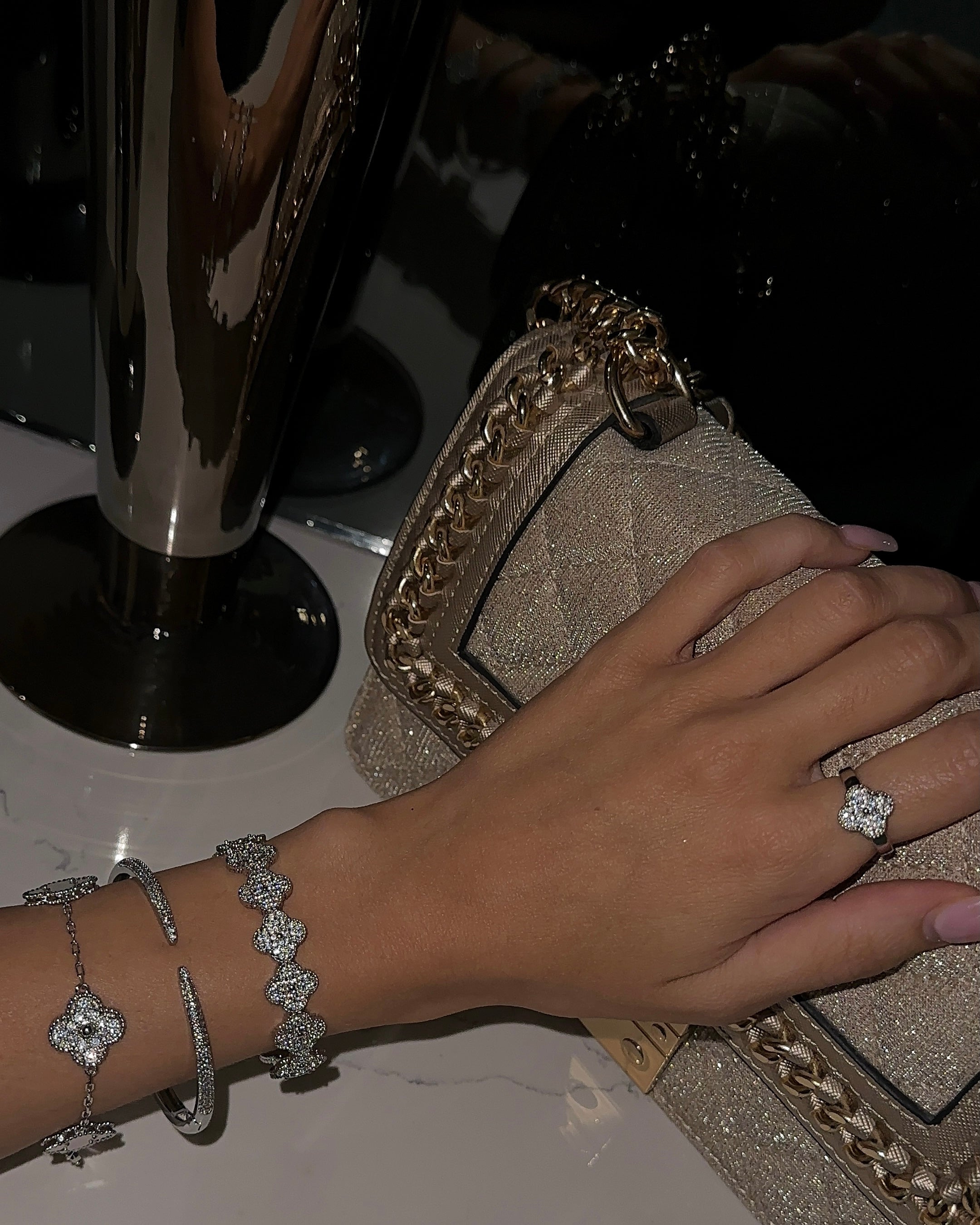 Cuff Bracelet in Rhodium-Plated Brass with Zirconia Crystals