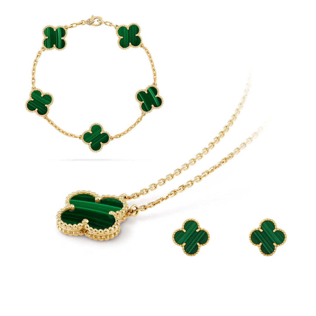 Necklace Set in Gold-Tone Stainless Steel with Green Accents