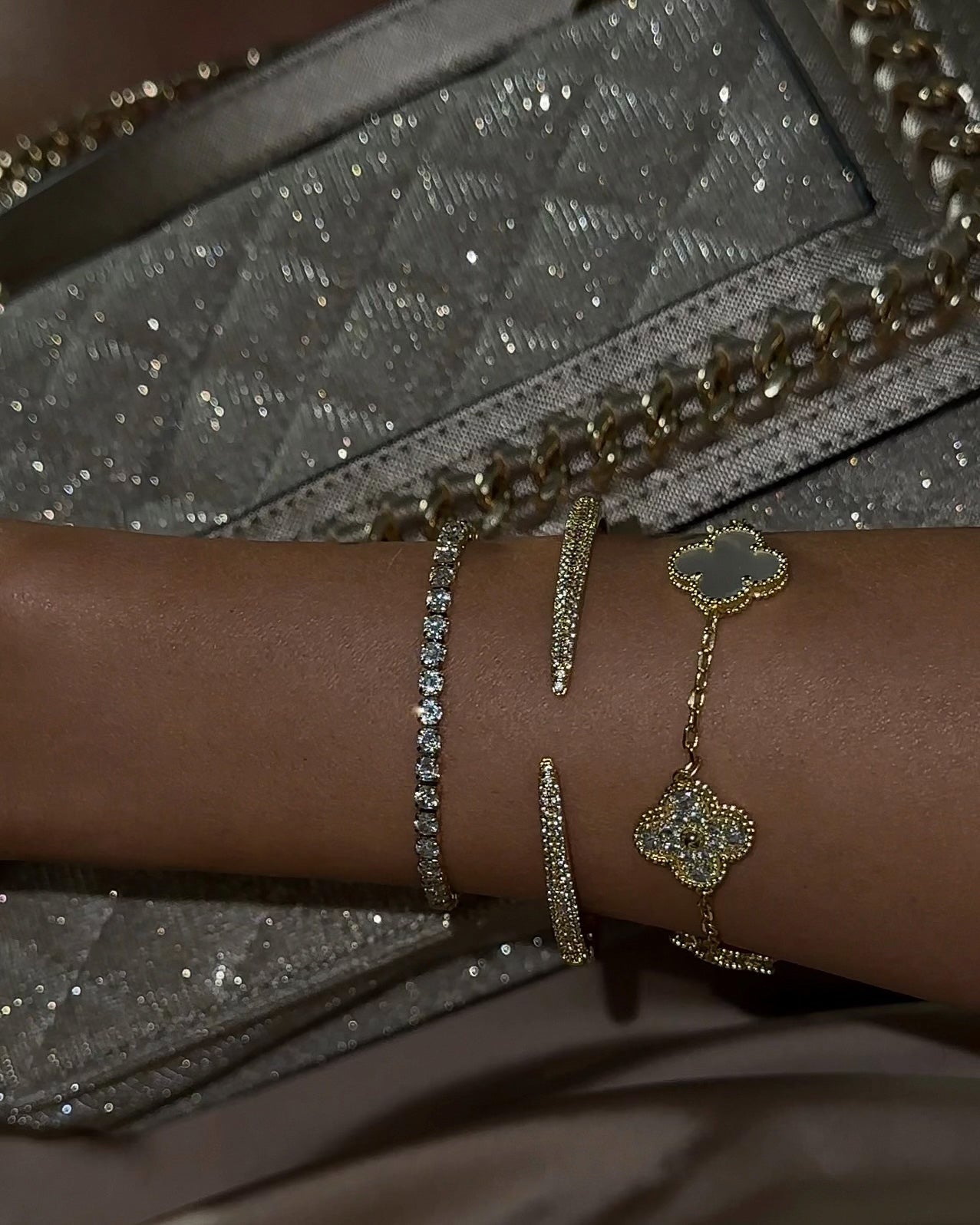 Cuff Bracelet in 18k Gold-Plated Brass with Zirconia Crystals
